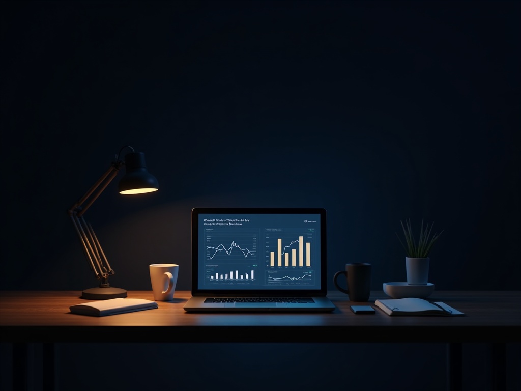 Laptop mit Finanz- und Controlling-Auswertungen bei Nacht